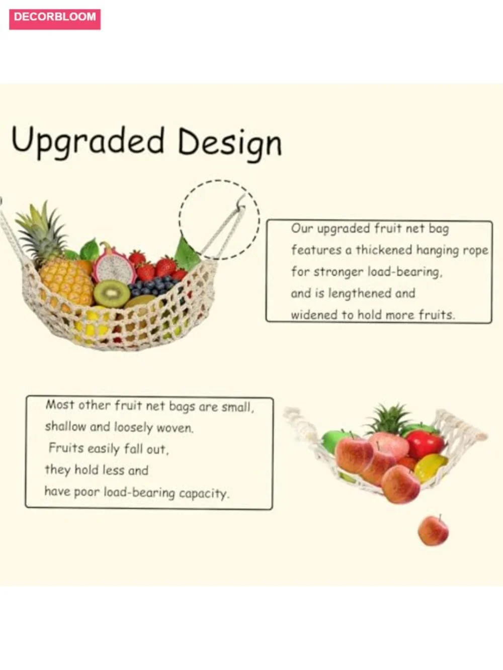 Premium Cotton Hanging Storage Net with Thickened Ropes for Fruit Veggie Kitchen